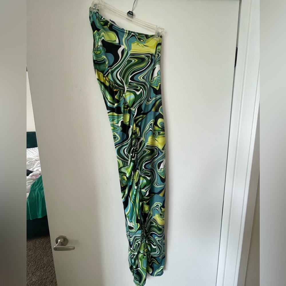 Green Abstract Print One Shoulder Diagonal Ruching Midaxi - Picture 5 of 6